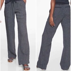 ATHLETA Blue/White Pinstripe Bali Pull On Trouser Pants 100% Linen Nautical Sz 4